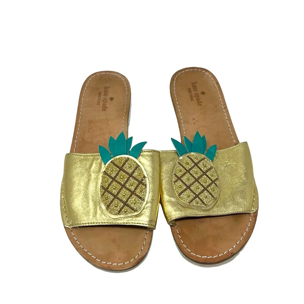 Kate Spade Ibis Embroidered Pineapple Slide Sandals In Gold‎ Size US 9